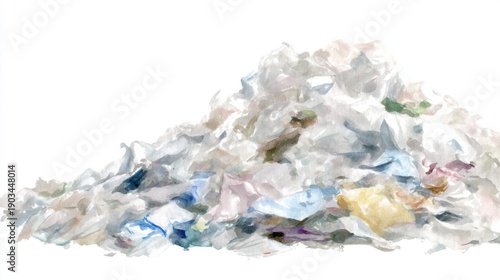 Watercolor painting of a pile of garbage. the garbage appears to be made up of various types of waste materials, including plastic bottles, cans, and other household items.