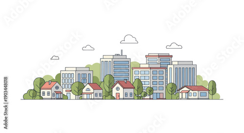 Stylized cityscape with houses, apartment buildings, trees, and clouds. Flat design.