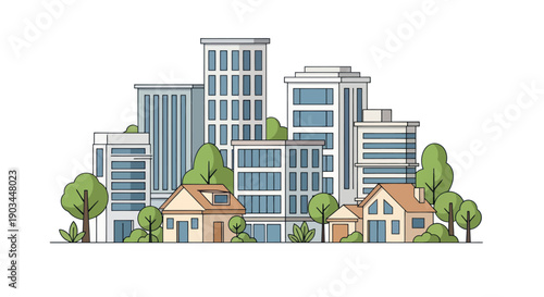 Modern Cityscape with Diverse Buildings and Green Trees, Flat Design Illustration