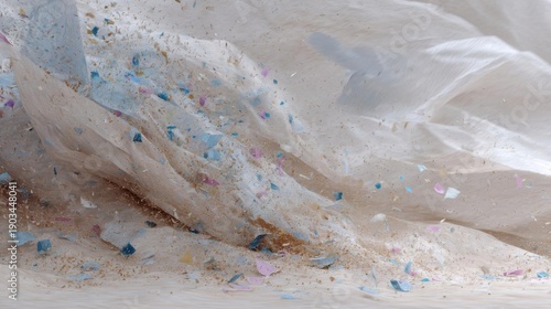 Close-up of a piece of white fabric with small blue and pink confetti scattered on it. the fabric appears to be slightly crumpled and has a textured surface.