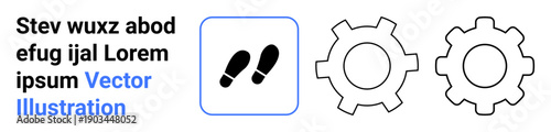 Two gear shapes and a footprint icon suggest movement, interaction, and processes. Ideal for teamwork, technology, workflow, automation, direction, decision-making and a simple landing page