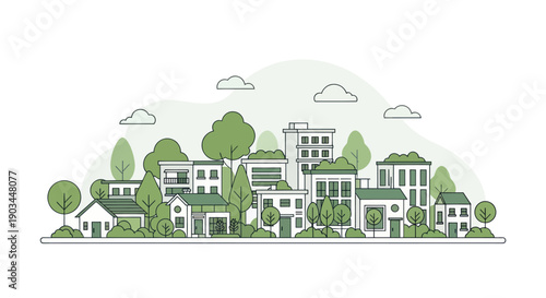 Eco-friendly city skyline with modern buildings and lush green trees, flat design illustration