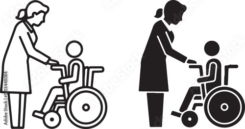 Two women assisting children in wheelchairs in a supportive environment isolated on white background, illustration