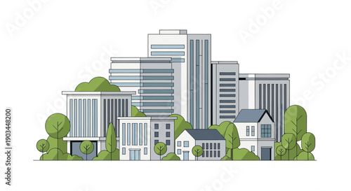 Modern cityscape illustration with green trees and contemporary buildings