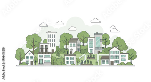 Modern Eco-Friendly Cityscape with Green Buildings and Trees