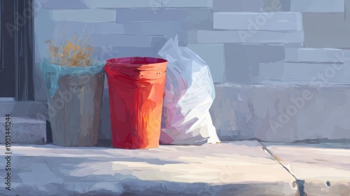 Two trash cans on the steps of a building. the cans are of different colors - one is orange and the other is white.