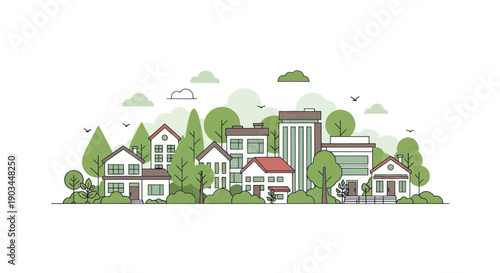Charming suburban neighborhood with houses and trees, flat vector illustration