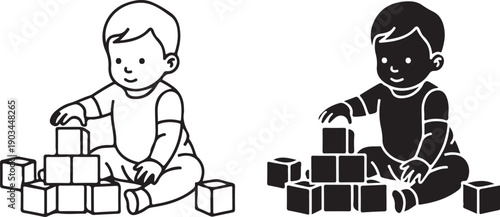 Two children playing with alphabet blocks on the floor, one in a white diaper and the other in a dark outfit. isolated on white background, illustration