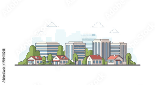 Modern cityscape with residential houses and office buildings, flat design illustration