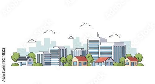 Modern Cityscape with Houses and Green Trees - Flat Design Illustration