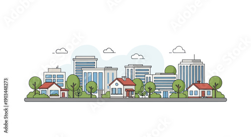Flat illustration of a modern cityscape with residential homes and office buildings.