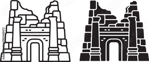 Two ancient stone arches with intricate carvings and different architectural styles isolated on white background, illustration