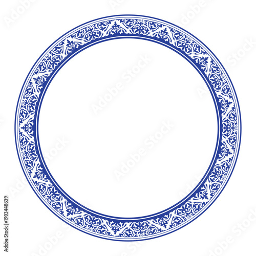 Blue round frame. Ethnic Asia ornament of the nomadic peoples of Asia, the Great Steppe, Kazakh, Kyrgyz, Mongol, Turkmen. For sandblasting, ceramic, laser cutting, embroidery, plate, carpet, dish