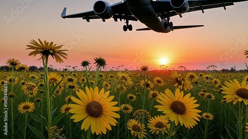 Airplane flying over sunflower field at sunset sky