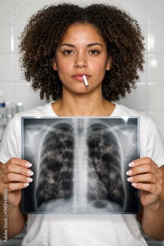 Woman holding chest x ray with cigarette in mouth: anti smoking awareness concept showing lung damage risk. Healthcare prevention message in clinical setting. 