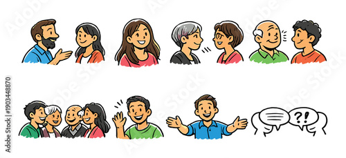 Diverse cartoon characters engaging in conversations and greetings