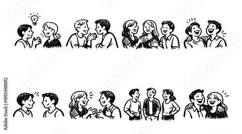 Cartoon scenes of friends interacting and enjoying conversations