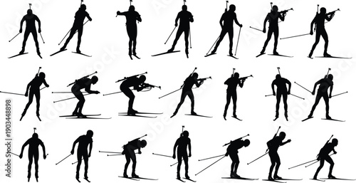 Biathlon athlete silhouettes set showing cross country skiing and rifle shooting positions isolated on white background, winter sport action icons for design use