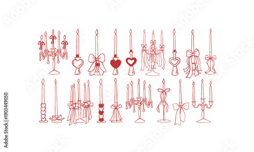 Romantic vibes hand drawn whimsical quirky collection. Wedding illustrations. Romantic design. Charming red doodles candles