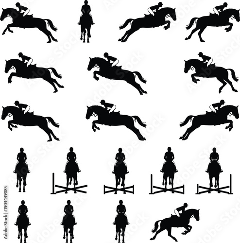 Equestrian horse and rider jumping silhouettes set showing gallop, leap, and show jumping poses isolated on white background for sport design graphic branding