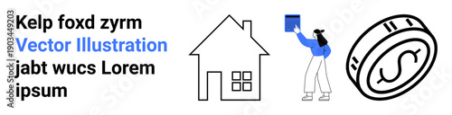 Education, real estate, financial planning, saving, learning, housing investment. A house, a person holding a book and a dollar coin. Education and real estate as financial security