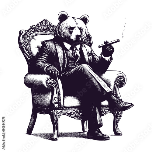 bear mafia sitting on a throne smoking a cigar