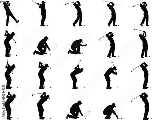 Golf player silhouettes set showing multiple swing and putting actions isolated on white background, professional sport activity icons for design use