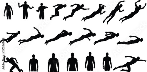 Human body movement silhouettes set showing jumping, flying and dynamic action poses isolated on white background, athletic motion icons for design and animation use