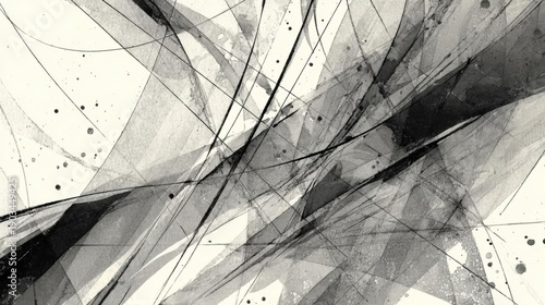 Abstract digital art piece with a black and white color scheme. it appears to be made up of multiple lines and shapes that are overlapping and intertwining, creating a chaotic and dynamic composition.