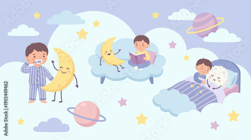 Children Sleeping Peacefully with Smiling Moon Character.