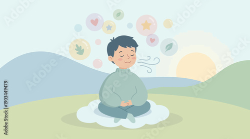 Serene Meditation in a Peaceful Landscape with Symbolic Icons.