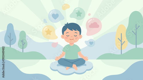 Serene cartoon boy meditating on a cloud with symbolic icons.