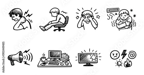 Hand-drawn illustrations of stress and discomfort in office environment