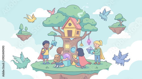 Children playing together around a treehouse in a whimsical fantasy landscape.