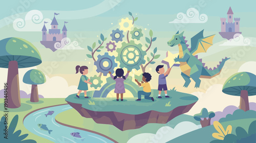 Children playing with a dragon on a floating island surrounded by fantasy landscape.