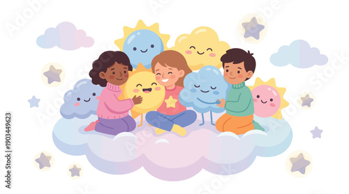 Children sitting on a cloud with smiling sun and moon faces.