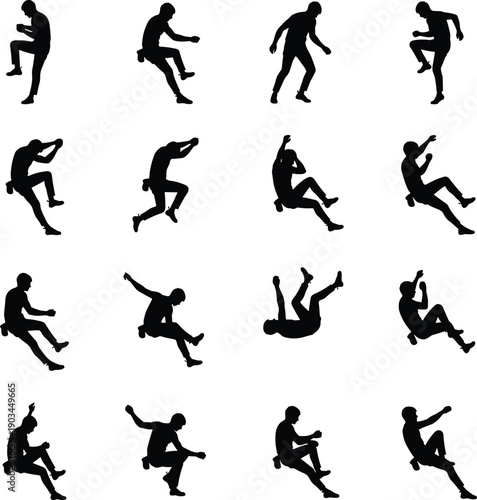 Human jumping and falling silhouettes set showing dynamic action poses, parkour movement, sport training motions isolated on white background vector illustration design