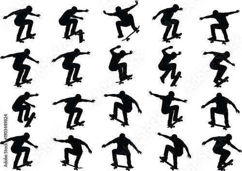 Skateboarding trick silhouettes set showing skateboarder jump, flip, and aerial stunt poses isolated on white background for urban sport design