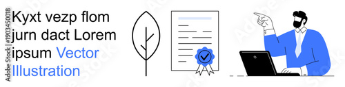 Certificate validation, eco-friendly initiatives, online learning, sustainability, digital agreement, compliance. Features a certificate, leaf symbol and a person pointing at a laptop. Certificate