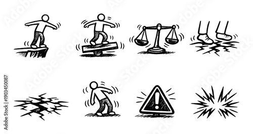 Cartoon figures facing balance challenges and warning symbols