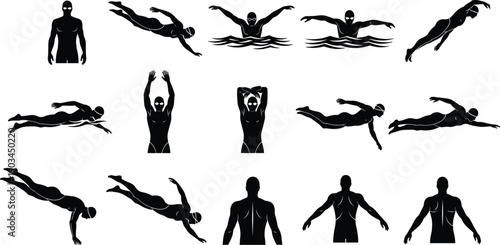 Swimming athlete silhouettes set showing freestyle, butterfly and dive positions isolated on white background, professional aquatic sport action icons for design use