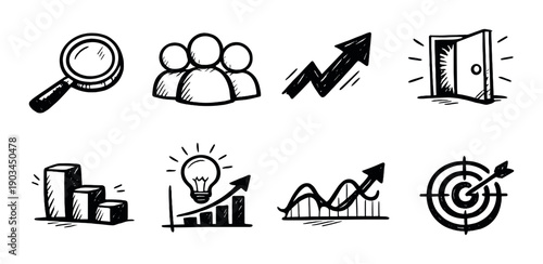 Hand-drawn business icons: growth, strategy, innovation, success, teamwork