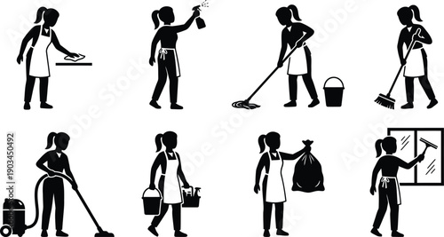 Cleaning Staff Silhouette Vector Set Professional Housekeeping Worker Poses with Cleaning Tools