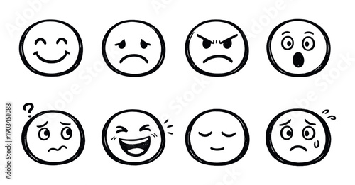 Hand-drawn emojis displaying various emotions on dark background