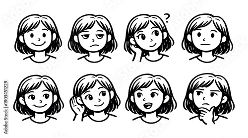 Cartoon female character with diverse expressions and emotions