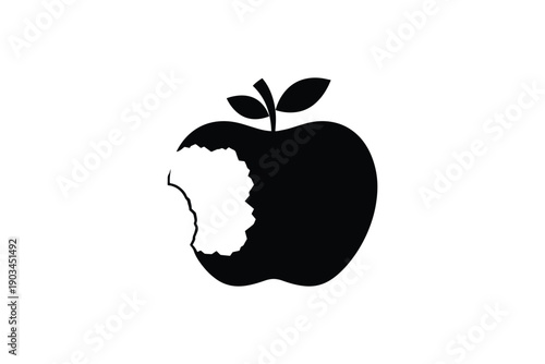 Bitten apple silhouette with leaves on white background
