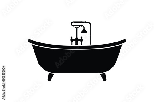 Clawfoot bathtub silhouette with vintage faucet and shower head isolated on white background interior plumbing