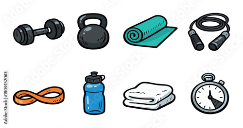 Fitness equipment icons: dumbbell kettlebell yoga mat jump rope resistance band water bottle towel stopwatch