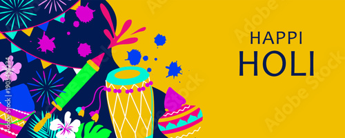 Colorful happy holi indian festival  banner template. Vector illustration in a flat style.