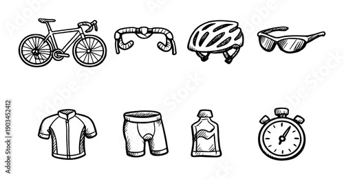 Hand-drawn cycling gear icons - bicycle, helmet, sunglasses, stopwatch, apparel